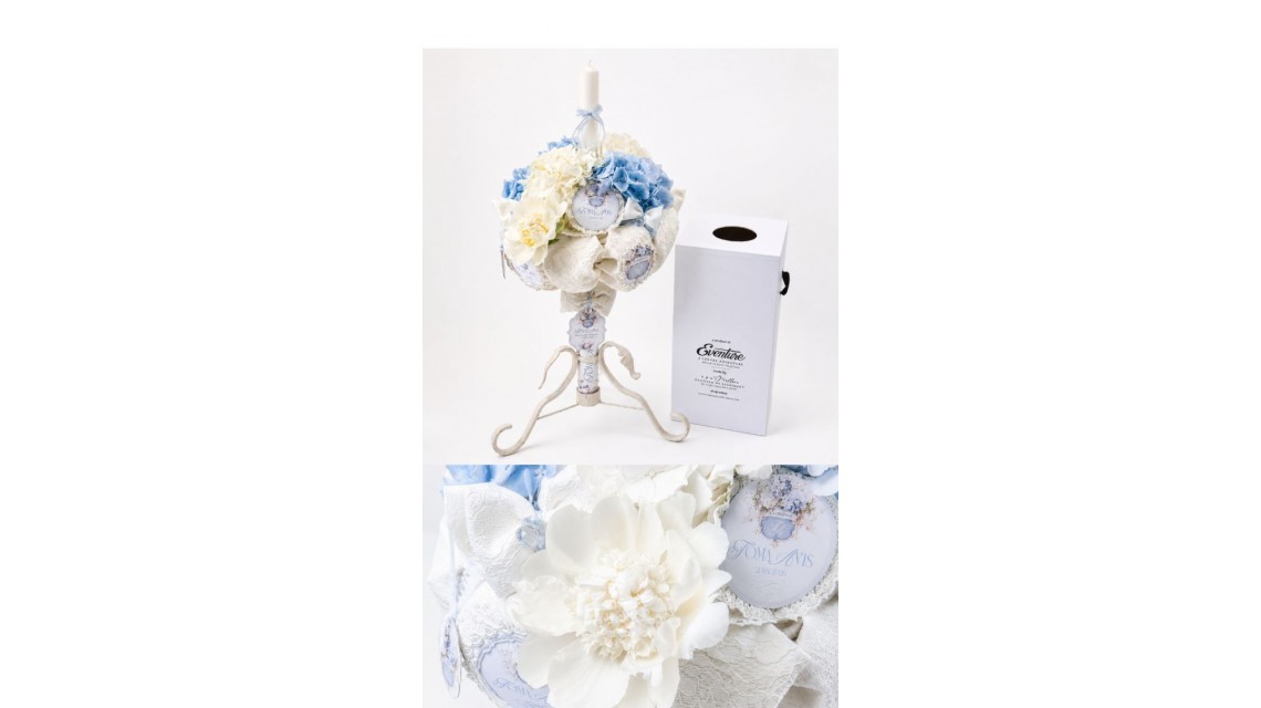 Lumânare de Botez Blue Hydrangea Hortensii Bleu Naturale și Bujori Albi 4